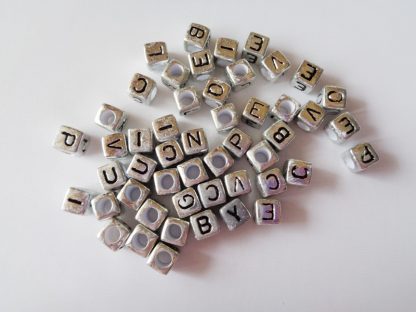 6mm Silver With Black Cube Mixed Alphabet Beads