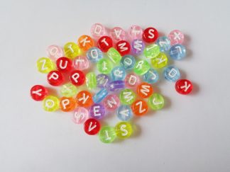 Pack of 50 6.5mm Transparent With White Flat Round Mixed Alphabet Acrylic Beads