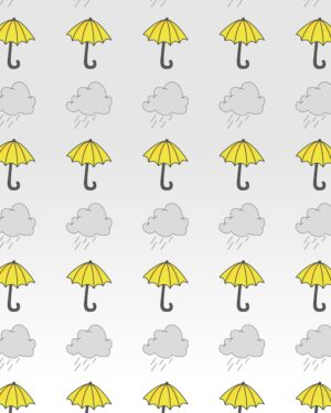 Showery April Friday Freebie paper with yellow umbrellas and grey clouds on a graduated grey tone background.