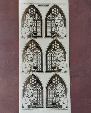 Communion Girl Transparent Silver. Shows peel off sticker sheet with six images of a girl standing in front of a church window in a silver colour.