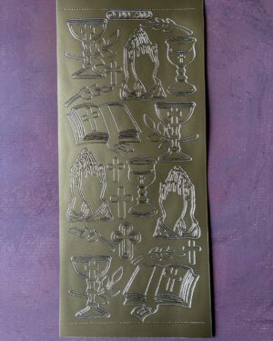 Church Service Gold. Religious themed peel off stickers featuring nineteen images including chalices, praying hands, crosses and bibles in a gold colour.