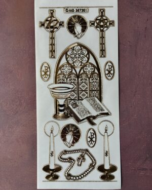 Church Window Transparent Gold. This peel off sticker sheet features eleven images including crosses, large church window, rosary beads and candles in gold.