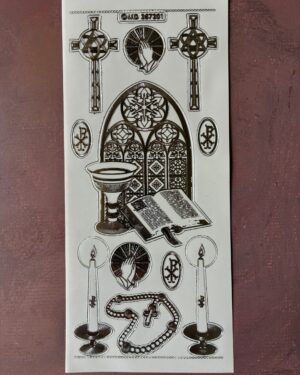 Church Window Transparent Silver. This peel off sticker sheet features eleven images including crosses, large church window, rosary beads and candles in silver.