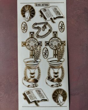 Religious Occasions Transparent Gold. Features nine images including a large cross with chalice, rosary beads, praying hands and bibles in a gold colour.