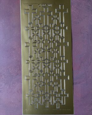 Double Crosses Gold. Religious themed peel off stickers features lots of different sized crosses in a gold colour.