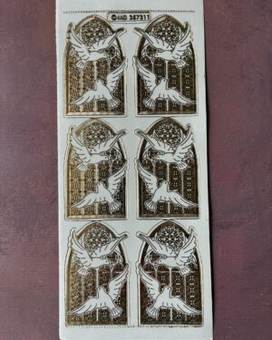 Doves Window Transparent Gold. Religious themed peel off stickers with 6 images of a pair of doves in front of a stained glass window in a gold colour.