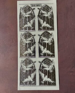 Doves Window Transparent Silver. Religious themed peel off stickers with 6 images of a pair of doves in front of a stained glass window in a silver colour.