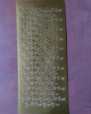 God Bless You Gold. Religious themed peel off stickers featuring the words God, Bless and You in a gold colour.