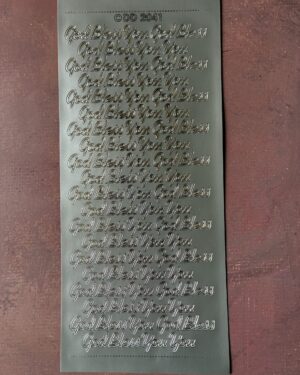 God Bless You Silver. Religious themed peel off stickers featuring the words God, Bless and You in a silver colour.
