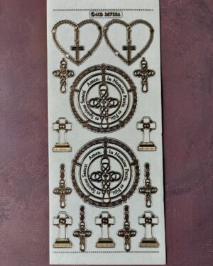 Rosary Crosses Transparent Gold. Religious themed peel off stickers featuring assorted crosses and rosary beads in a gold colour.