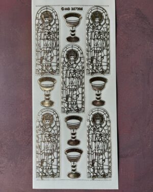 Stained Glass Transparent Gold. Religious themed peel off stickers featuring madonna and child stained glass windows plus chalices in a gold colour.
