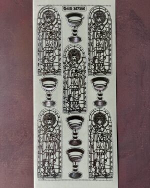 Stained Glass Transparent Silver. Religious themed peel off stickers featuring madonna and child stained glass windows plus chalices in a silver colour.