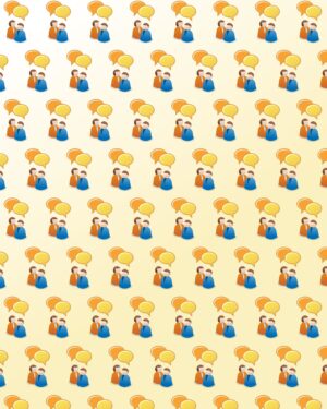 Let's Talk Friday Freebie featuring a repeated pattern of two people with speech bubbles over their heads on a graduating warm beige background.