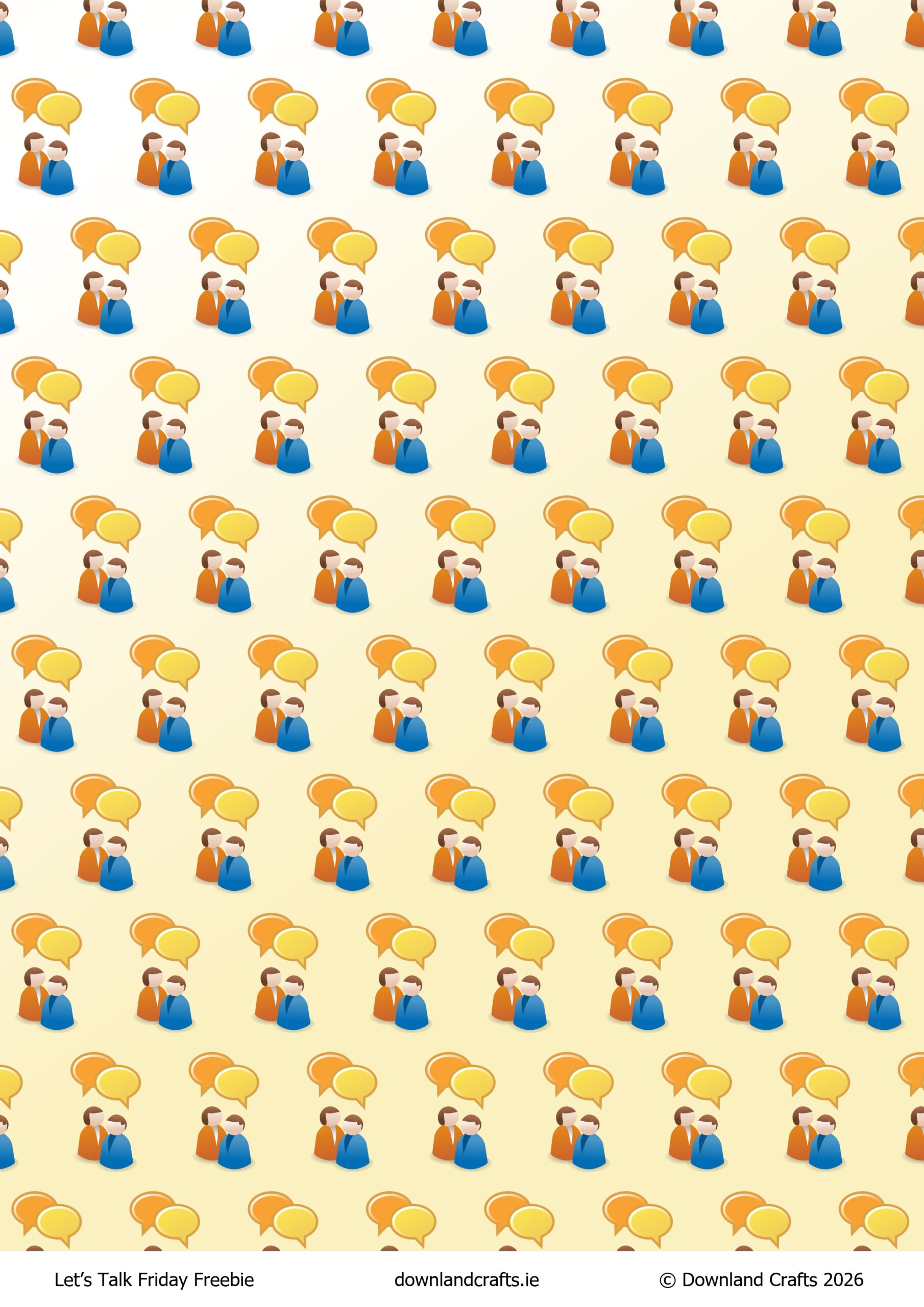 Let's Talk Friday Freebie featuring a repeated pattern of two people with speech bubbles over their heads on a graduating warm beige background.